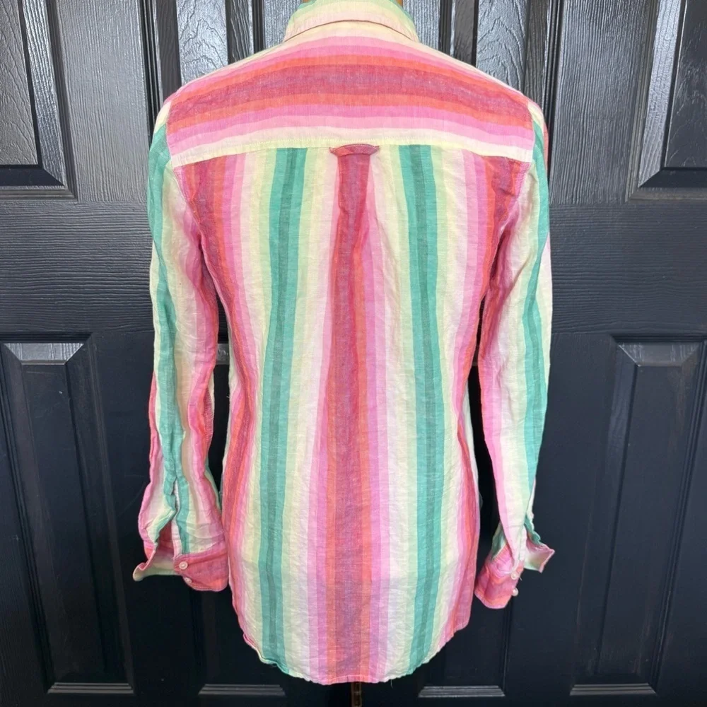 J Crew Linen Blend Classic Fit Boy Shirt in Rainbow Stripe Size 4